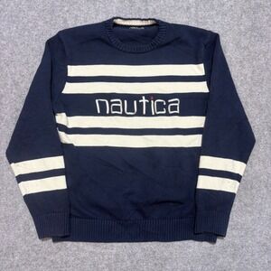 Nautica Mens Crewneck Sweater Navy Blue White Striped‎ Logo Knit Pullover